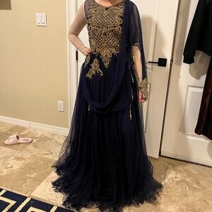 Elegant Navy and Gold Embellished bridal Dress anarkali